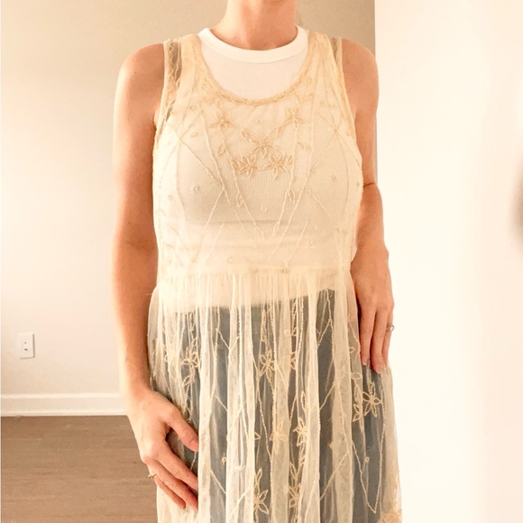 Free People Starry Night Cream Beaded Embellished Sheer Mini Dress - mordernwear.com Free People Starry Night Cream Beaded Embellished Sheer Mini Dress - mordernwear.com
